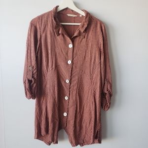 Soft surroundings womens tunic top sz M coral/navy Sasha striped roll-tab sleeve